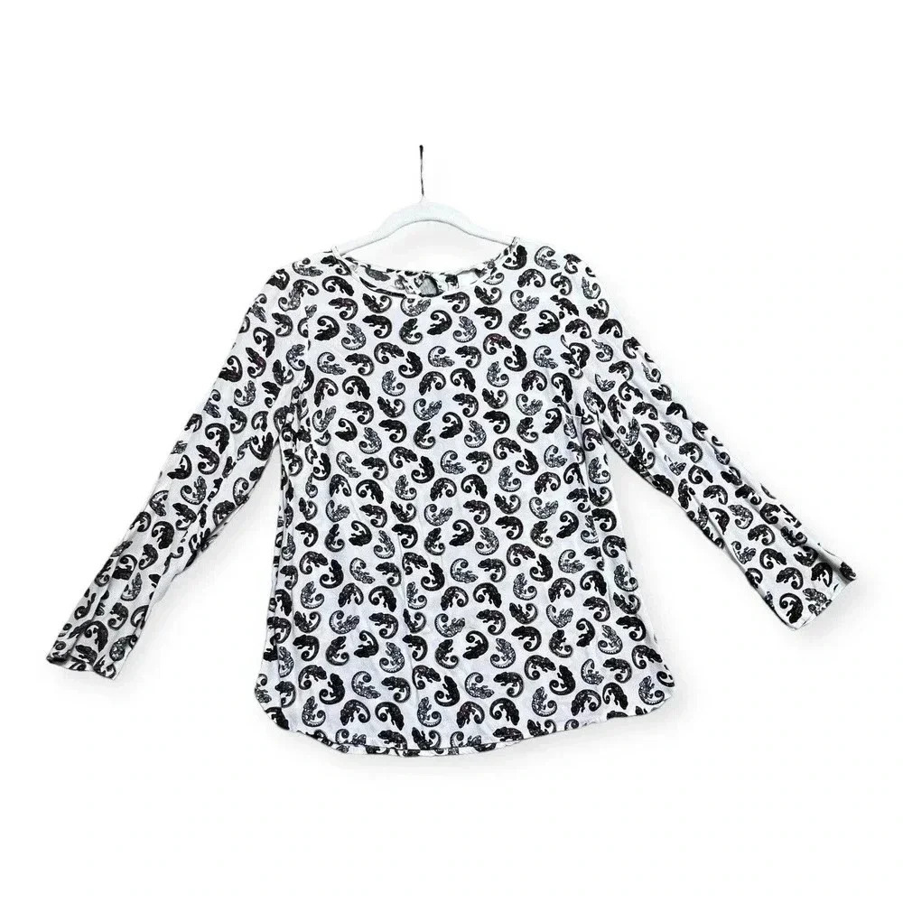 H&M Womens White Chameleon Lizard All Over Print Blouse Sz S Tribal Artsy Animal